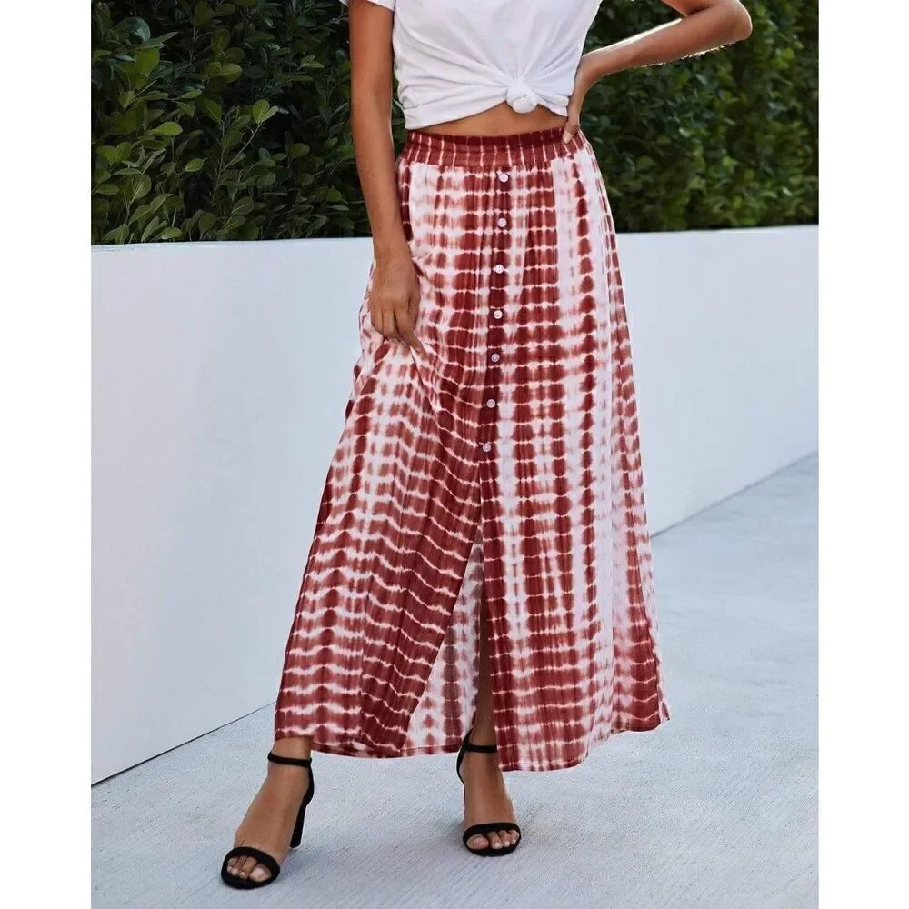 PRETTYGARDEN Size Large Women’s Bohemian Tie Dye Print Long Skirts Button Down H